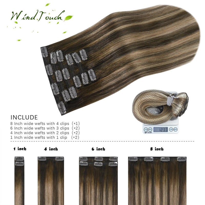 WindTouch Clip in Hair Extensions Ombre Medium Brown to Caramel Blonde Balayage Clip in Hair Extensions Real Human Hair 18Inch 7Pcs 120g - Image 4